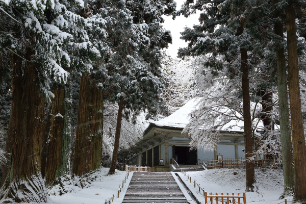 5840 冬景色の猊鼻渓こたつ舟下りと世界文化遺産中尊寺